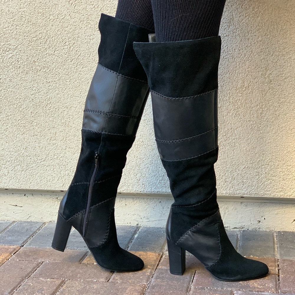 Quilt Patchwork Over The Knee Block Heel Boots - Picture 6 of 8